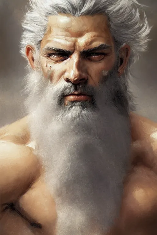 Image similar to photo portrait of rugged zeus, god of thunder, greek god, white hair, masculine, mature, handsome, upper body, muscular, hairy chest, fantasy, intricate, elegant, highly detailed, digital painting, artstation, concept art, smooth, sharp focus, illustration, art by gaston bussiere and greg rutkowski