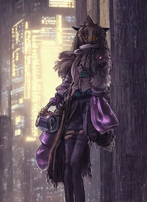 Image similar to character portrait of a female anthro hyena fursona with a cute beautiful attractive furry face and long black curly hair wearing jedi robes in a cyberpunk city at night while it rains. hidari, color page, tankoban, 4K, tone mapping, Akihiko Yoshida.