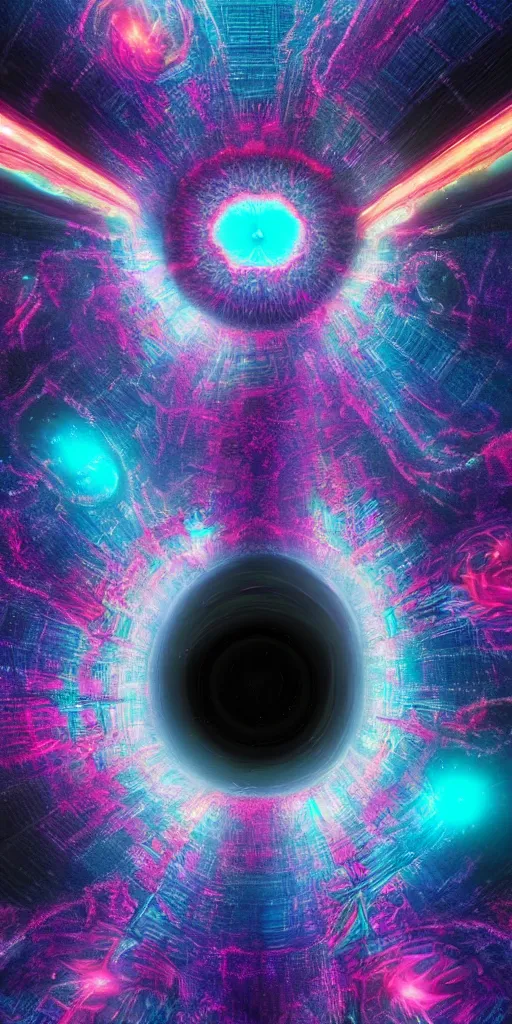 Prompt: a psychedelic fractal portal into an interstellar event horizon spanning galaxies, art by Julius Horsthuis, trending on artstation, beeple, digital art, black hole time portal, deep space, CGSociety, 8K