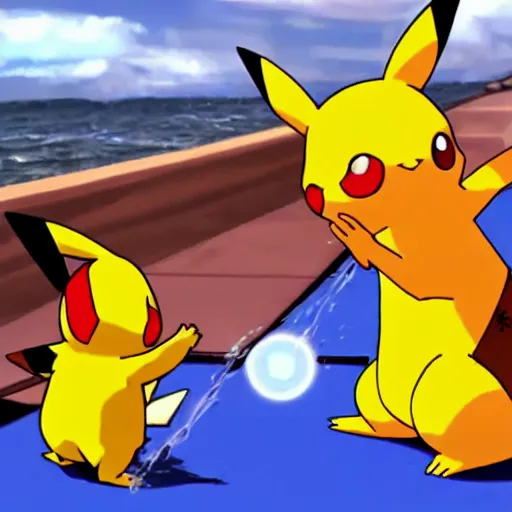 Prompt: pikachu using a water shooting charmander's tail,