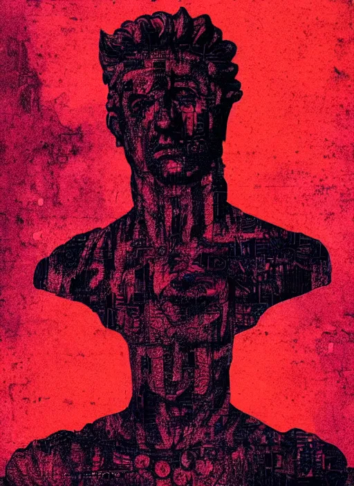 Image similar to black background with very subtle red and purple design elements, statue of julius caesar, nekro, graphic design, collage art, thin lines, dark, glitch art, neo vaporwave, gritty, layout frame, square, trending on artstation