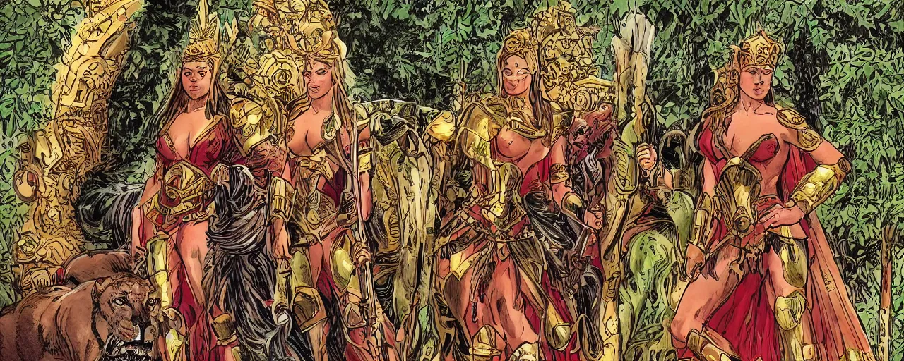 Prompt: Amazon Queen Hippolyta in battle armour, standing in front of her throne, a lioness is asleep at the queen’s feet. Symmetrical facial features, detailed. In the background is a lush forest, warm and cool colors, dramatic shading, graphic novel