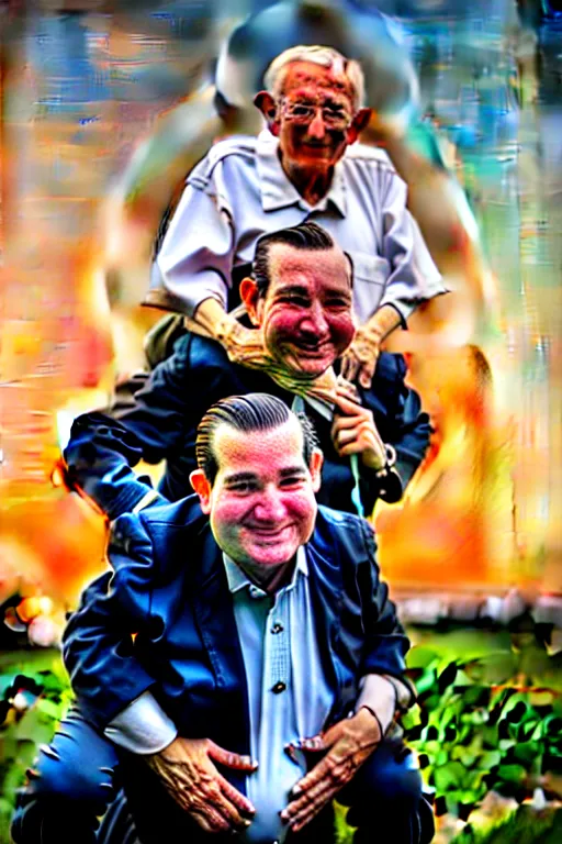 Image similar to elderly man carrying ted cruz piggyback, 8 k, award winning photograph, portrait, detailed faces, sunset in background, highly - detailed