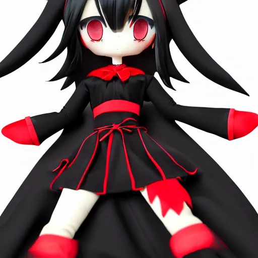 Image similar to cute fumo plush of a gothic maiden in a dark black uniform with a red cape, laces and ribbons, cel shading, anime girl, vray, symmetry