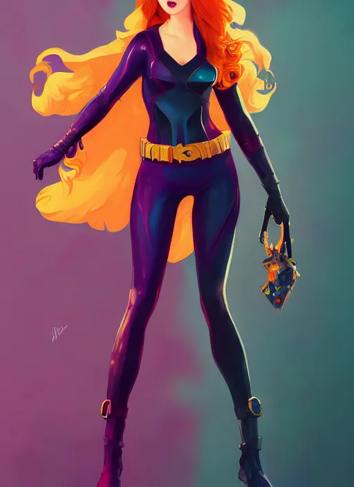 Image similar to molly quinn as batgirl, action pose, character concept art, trending on artstation, highly detailed, high quality, digital painting, alena aenami, lilia alvarado, shinji aramaki, karol bak, alphonse mucha, tom bagshaw