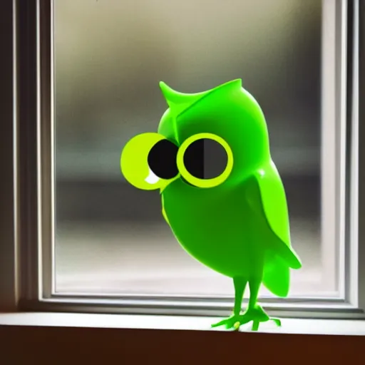 Image similar to green duolingo owl outside a window, living room, night, dark, lamp