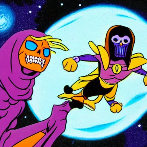 Image similar to skeletor from the he - man cartoon show riding an adorable black cat through outer space