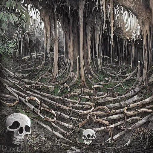 Image similar to exotic forest of bones and spiderwebs, post apocalyptic, hyper detailed