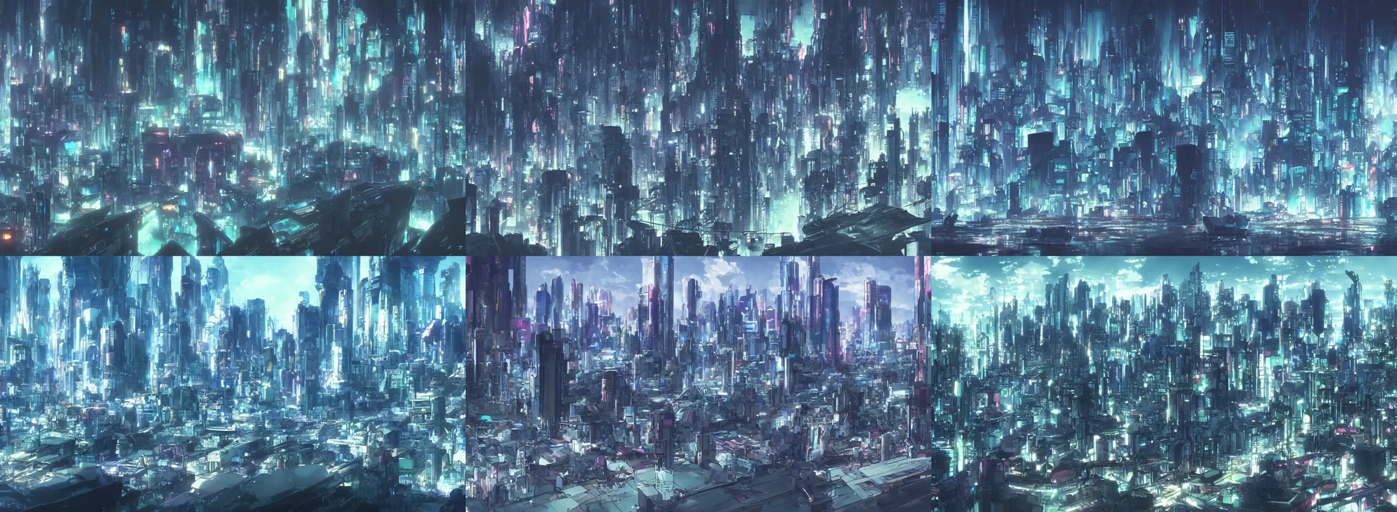 Prompt: a futuristic city on the horizon, anime animation background matte painting, background art, from the anime ghost in the shell and akira
