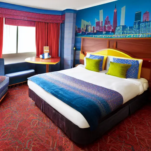 Image similar to photography of theme park hotel room themed to retro new york city motif. bed has new york city blankets. wall has new york city pattern. furniture has new york city motif. furniture is shaped like new york city. carpet has new york city subway map design. lighting has retro new york