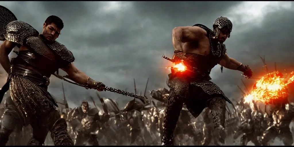 Image similar to epic battle screen of hero, film still from the movie'3 0 0'( 2 0 0 6 ), 3 d, 8 k realistic, cryengine, playstion 5 screen, cinematic lighting