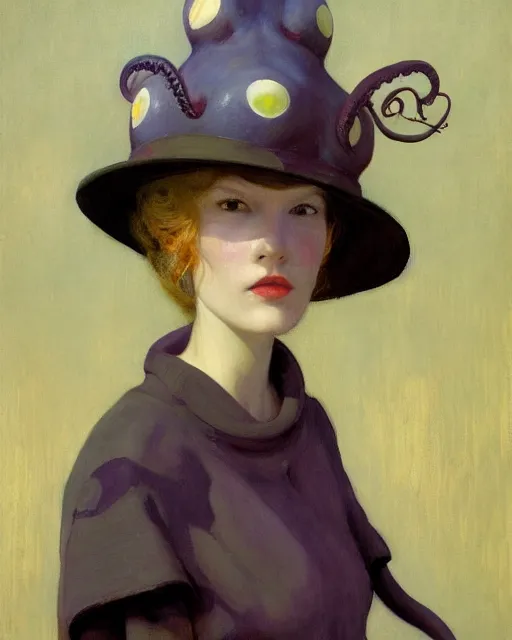 Image similar to a beautiful girl wearing an octopus as a hat, painted by edgar maxence, edward hopper, wayne barlowe and james gilleard, airbrush, art by jamesjean