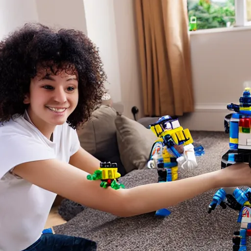 Prompt: photo of a 1 5 yo teen with curly hair playing with lego robots