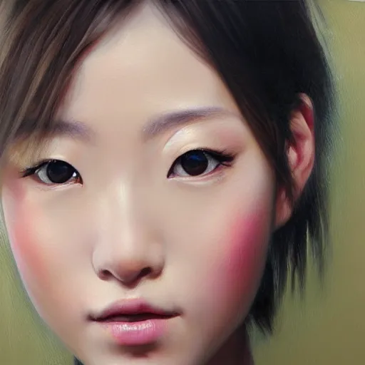 Image similar to perfect, realistic oil painting of close-up japanese girl face, by Sakimichan, by an American professional senior artist, Hollywood concept, dynamic composition and motion, postproduction.