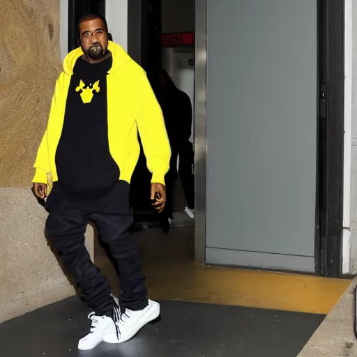 Image similar to kanye west in a yellow pikachu hoody