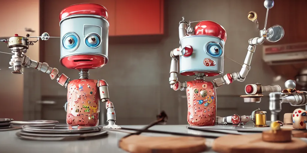 Image similar to closeup portrait of tin toy retro robot mad scientists cooking pastry in a kitchen, depth of field, zeiss lens, detailed, centered, fashion photoshoot, by nicoletta ceccoli, mark ryden, lostfish, breathtaking, 8 k resolution, extremely detailed, beautiful, establishing shot, artistic, hyperrealistic, octane render