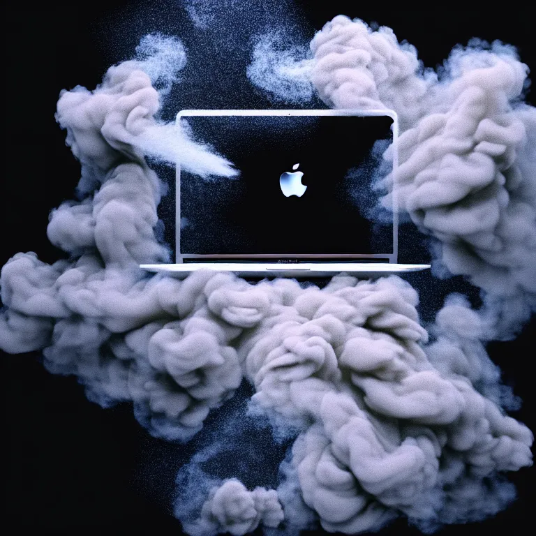 Image similar to a portrait of a macbook disintegration in dust and smoke, cinematic photography, smoke rising like clouds, beautifully symmetrical, super resolution, cgi, volumetric lighting & shadows, hyper detailed, 8 k, unreal engine,