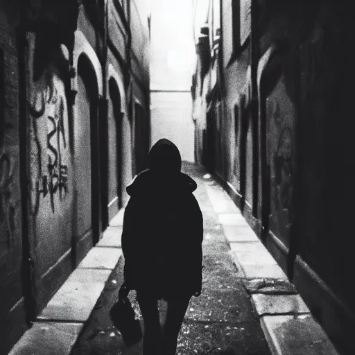 Image similar to a creepy iphone camera photograph of a dark alleyway in west philadelphia at night, with a college - aged woman in the distance. girl in the photo wearing a navy hoodie. directed by david lynch, full color