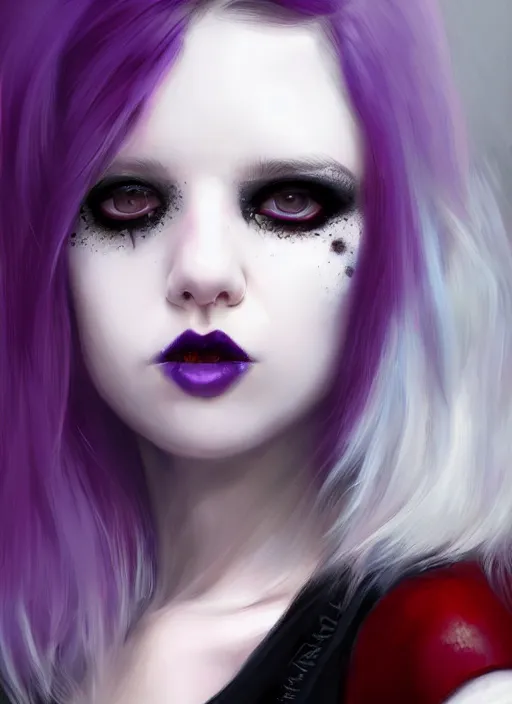 Image similar to portrait of white teenage girl, normal face, white bangs, mall goth, cyberlox, black and white hair, bangs, fluffy bangs, red contact lenses, purple lipstick, intricate, elegant, highly detailed, digital painting, artstation, concept art, sharp focus, smooth, illustration, art by wlop, mars ravelo and greg rutkowski