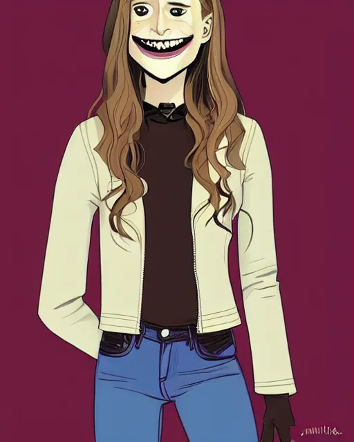 Prompt: beautiful vampire Taissa Farmiga, Jamie McKelvie comic art, sharp vampire teeth, sarcastic smile showing teeth, symmetrical eyes, realistic face, symmetrical face, brown leather jacket, jeans, long black hair, full body