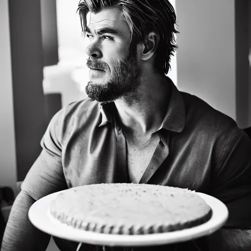 Image similar to Obese Chris Hemsworth eating cake, XF IQ4, 150MP, 50mm, F1.4, ISO 200, 1/160s, natural light