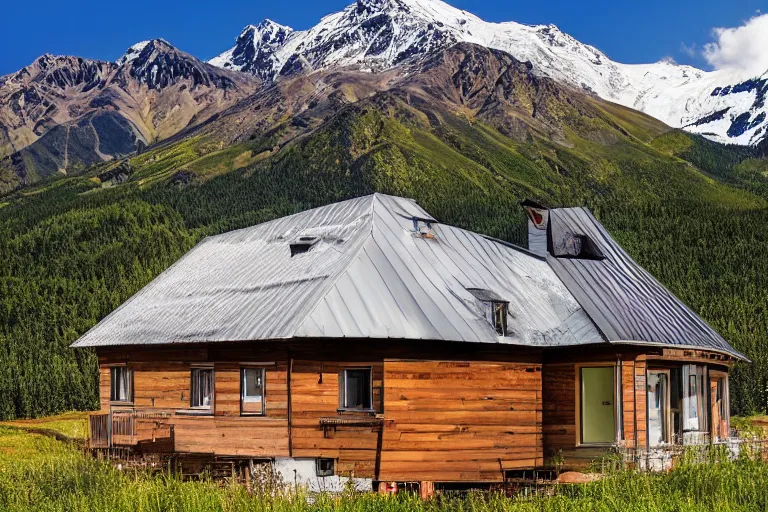 Image similar to architecture photo modern fachwerk house cottage settlement with Elbrus mountain on the background, architecture, photorealism 8k , shining and happy atmosphere, uplight, high details