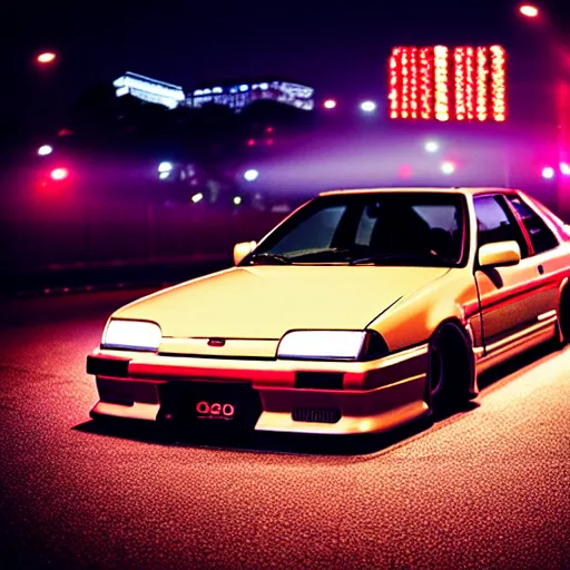 Image similar to a car 90's JDM turbo at illegal car meet, Saitama prefecture, city midnight mist lights, cinematic color, photorealistic, highly detailed, 200MM