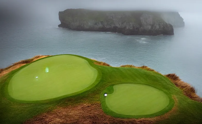 Prompt: a great photograph of the most amazing golf hole in the world, rainy day, cliffs by the sea, perfect green fairway, human perspective, ambient light, 5 0 mm, golf digest, top 1 0 0, fog