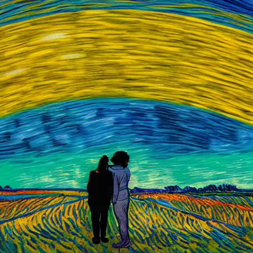 Image similar to A dreaming person sees another far away person above a colourfull van Gogh style field while both person are surrounded by a colourful wind aura around their chests, dream, 40nm lens, shallow depth of field, split lighting, 4k,