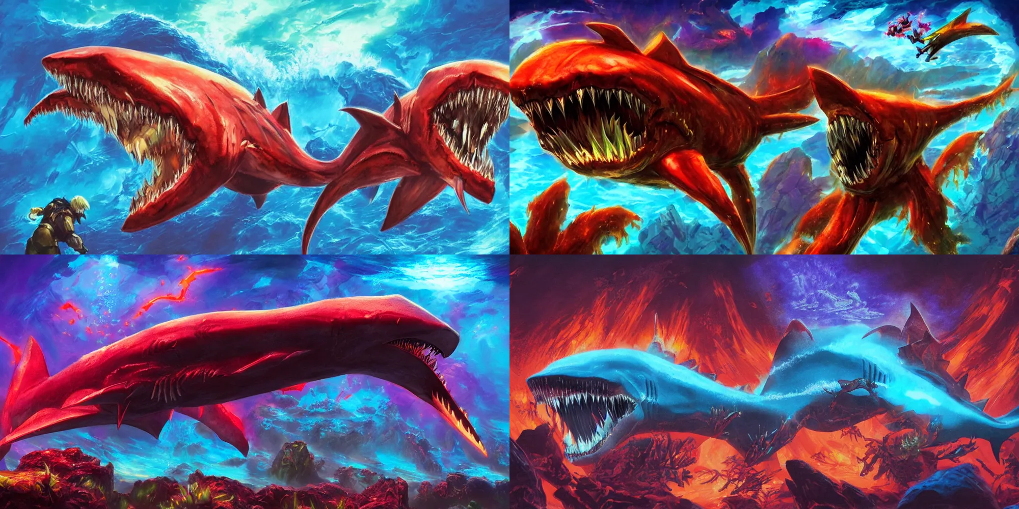 Prompt: glowing magma-filled underwater gigantic shark enemy monster, metroid game boss concept art, rainbow HD oil painting, intimidating