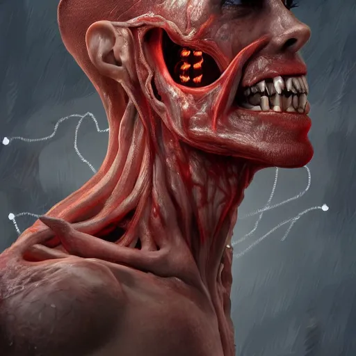 Image similar to a pc made out of flesh, computer made out of human flesh, skin on the gaming pc, skinned alive, blood, teeth, intricate, highly detailed, digital painting, artstation, concept art, smooth, sharp focus, illustration,