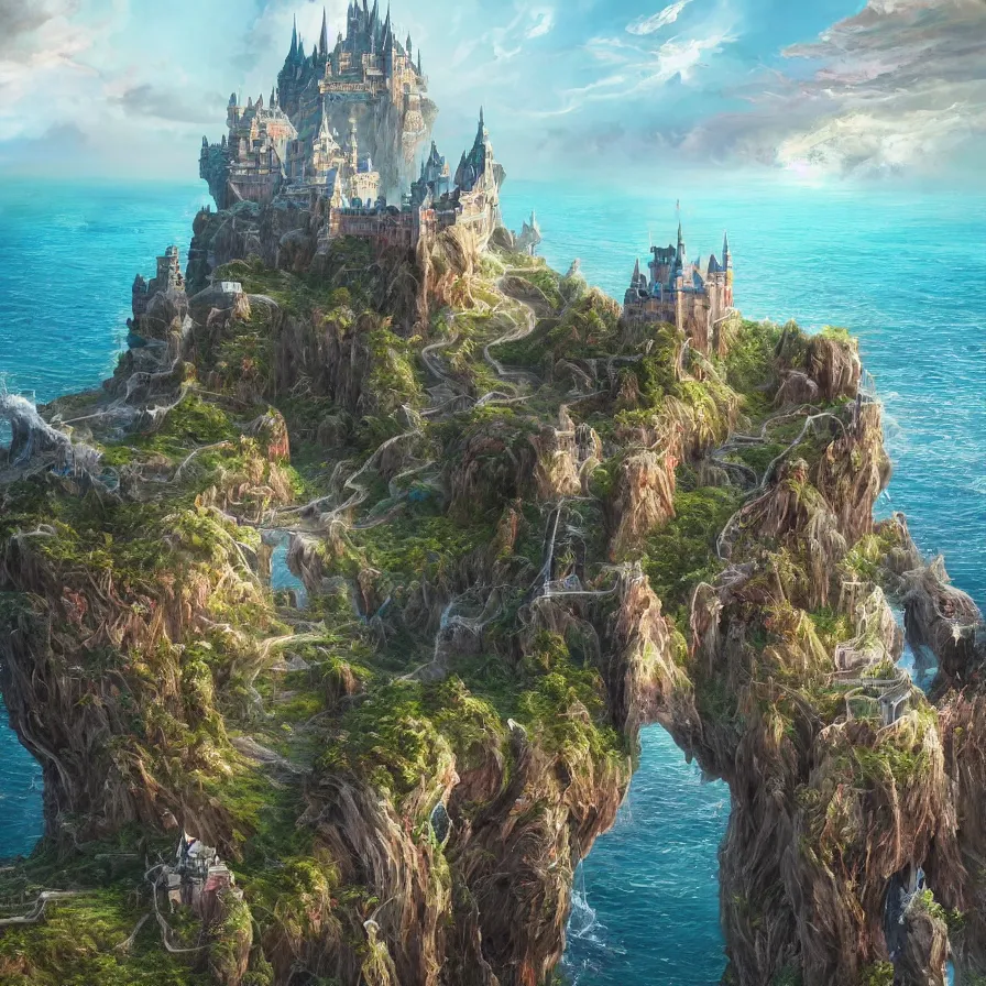 Prompt: fantasy painting of a castle on the edge of a cliff overseeing a vast ocean, complex, detailed, intricate abstract. delicate artwork. by Tooth Wu, wlop, beeple, dan mumford. octane render, trending on artstation, greg rutkowski very coherent symmetrical artwork. cinematic, hyper realism, high detail, octane render, 8k, depth of field, bokeh. chrome accents.