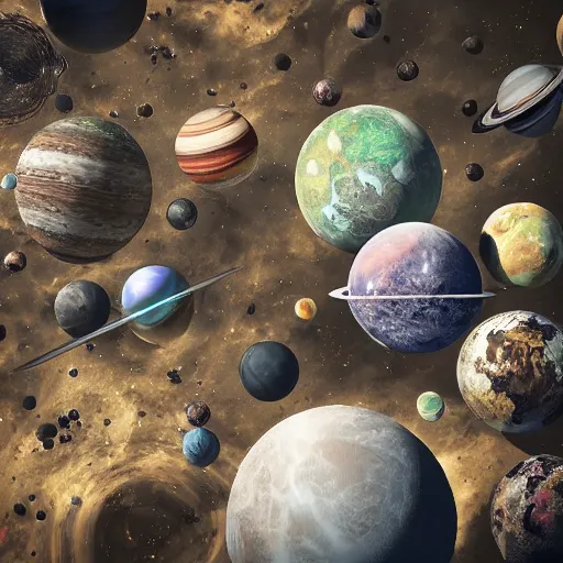 Prompt: an old dirty trashcan full of discarded planets and stars hyperrealistic detailed beautiful intricate 3 d render