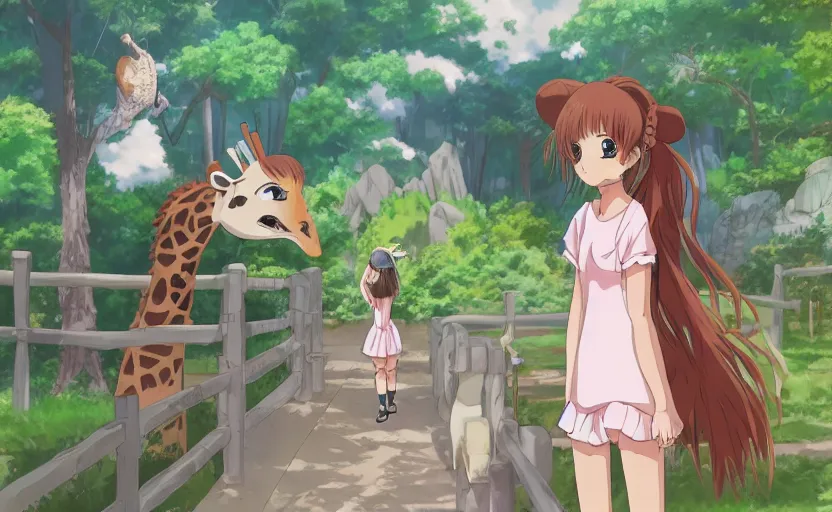 Prompt: anime girl spending her day at the zoo, feeding a giraffe, a Studio Ghibli style scene, digital art, 4k