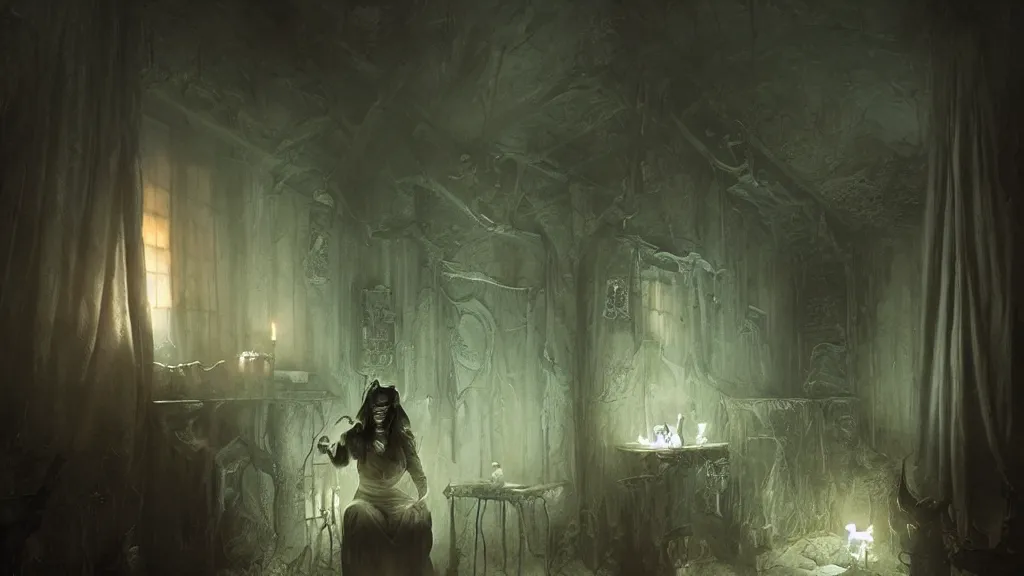 Prompt: a witch sitting in the shadows on the inside of a dark cottage at night, highly detailed interior, by Bastien LeCouffe-Deharme, hyperrealistic