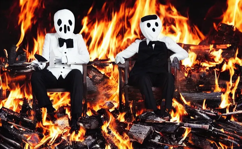 Image similar to a man wearing a tuxedo sitting in the middle of a bonfire, no face