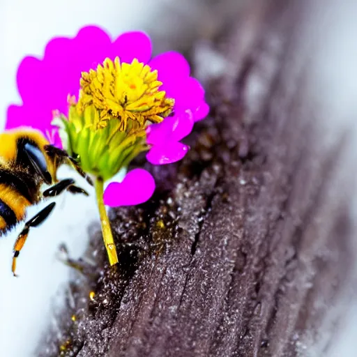 Image similar to a bee finding a beautiful flower, entrapped in ice, only snow in the background, beautiful macro photography, ambient light