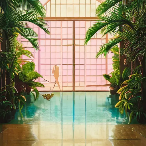 Image similar to indoor liminal space, golden light, peter tarka, palm trees, pink door, minimalistic, hyperrealistic surrealism, award winning masterpiece with incredible details, epic stunning, infinity pool mirrors, a surreal vaporwave liminal space with mirrors, highly detailed, trending on artstation, artgerm and greg rutkowski and alphonse mucha, daily deviation