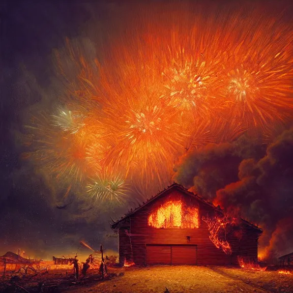 Prompt: a highly detailed 4 k fantasy matte painting of shed engulfed in flames, and fireworks in the sky above, zdzislaw beksinski, artstation, cgsociety, unreal engine, colorful fireworks