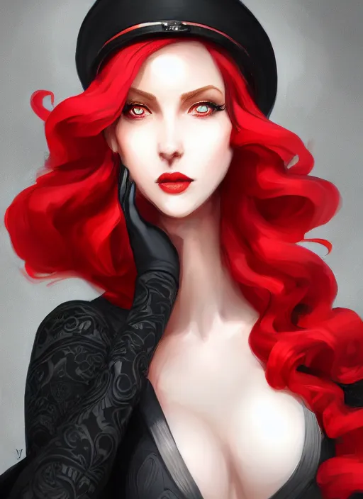 Image similar to a highly detailed illustration of tall beautiful red haired lady wearing black noir dress and black sun hat, elegant pose, perfect face, perfect body, perfect eyes, intricate, elegant, highly detailed, centered, digital painting, artstation, concept art, smooth, sharp focus, league of legends concept art, wlop.