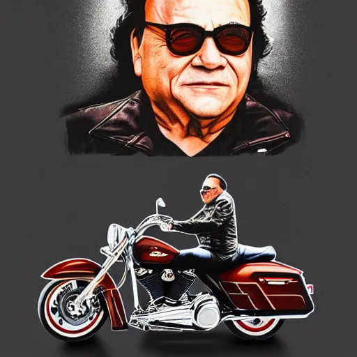 Image similar to danny devito riding a large harley davidson, hyperrealism, lens glare, trending on artstation, intricate, 8 k