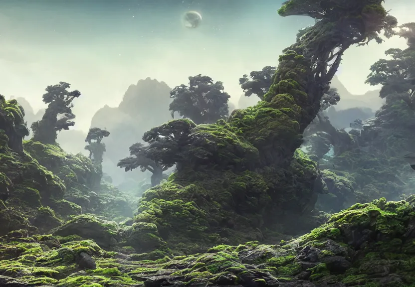 Prompt: Eastern Island statue walking on a alien planet with alien plants and a giant galaxy appearing in the sky, digital art, anime style, 8K HDR, octane render, unreal engine 5, path tracing, breathtaking landscape, cinematic lighting, trending on Artstation, high quality, highly detailed, trending on DeviantArt, concept art