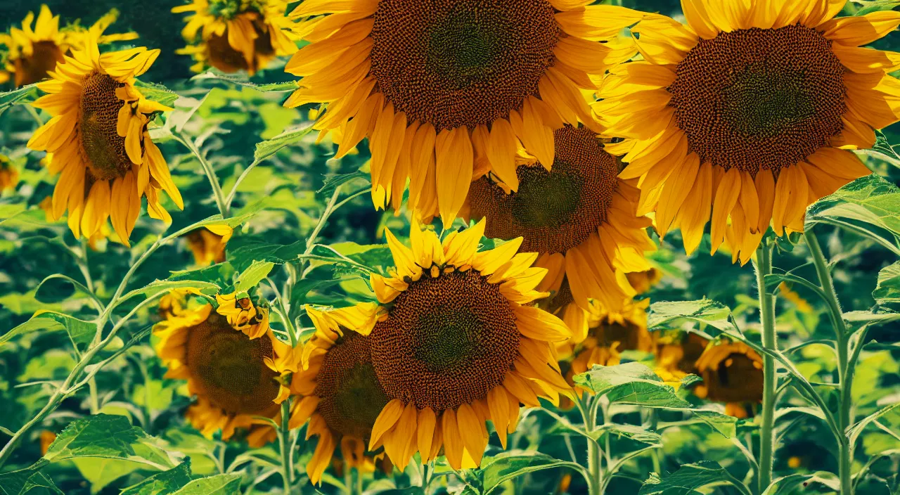 Image similar to macro shot of sunflowers on a hot summer day being pollinated by psychadelic bees, canon 1 0 0 mm, wes anderson film, kodachrome