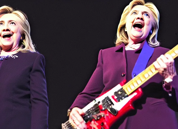 Image similar to publicity photo still of hillary clinton in a death metal band playing live on stage, 8 k, live concert lighting, mid shot