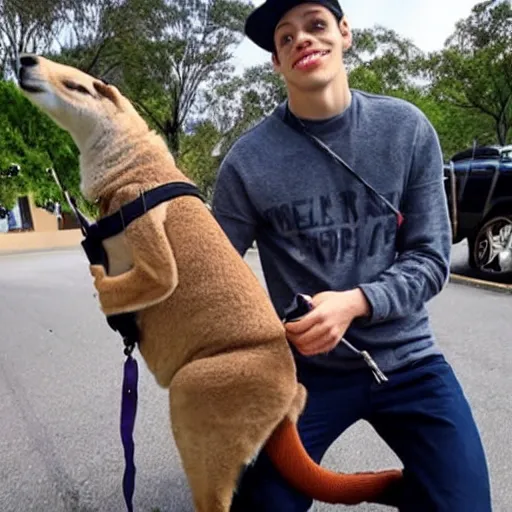 Image similar to Pete Davidson!!!, Walking a kangaroo on a leash, photo