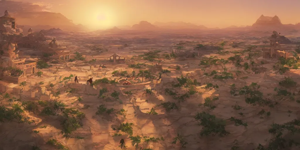 Prompt: a stunning desert landscape with an arabian palace on the horizon by makoto shinkai