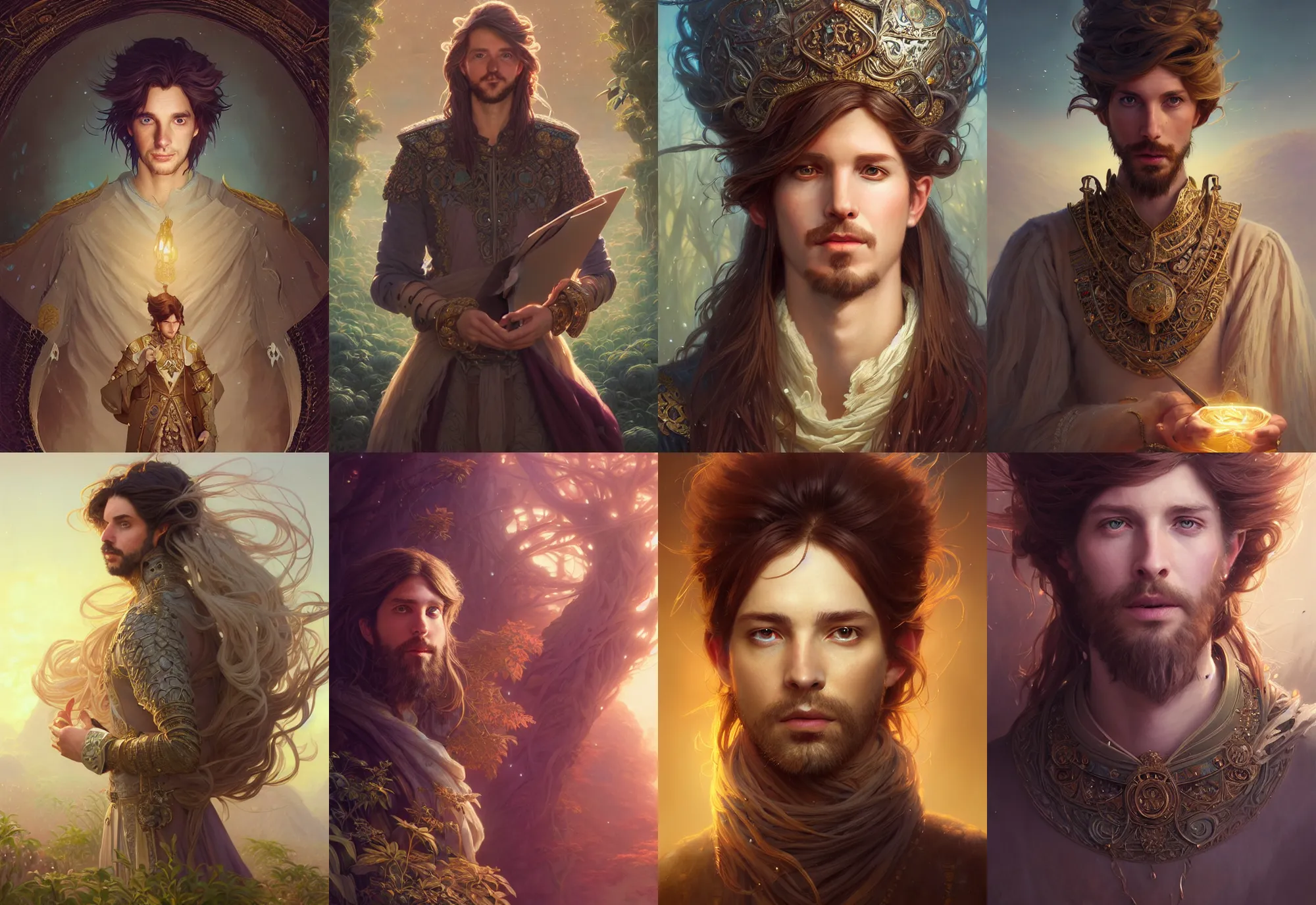 Image similar to highly detailed portrait of a prince with long hairs, stephen bliss, unreal engine, fantasy art by greg rutkowski, loish, rhads, ferdinand knab, makoto shinkai and lois van baarle, ilya kuvshinov, rossdraws, tom bagshaw, alphonse mucha, global illumination, radiant light, detailed and intricate environment