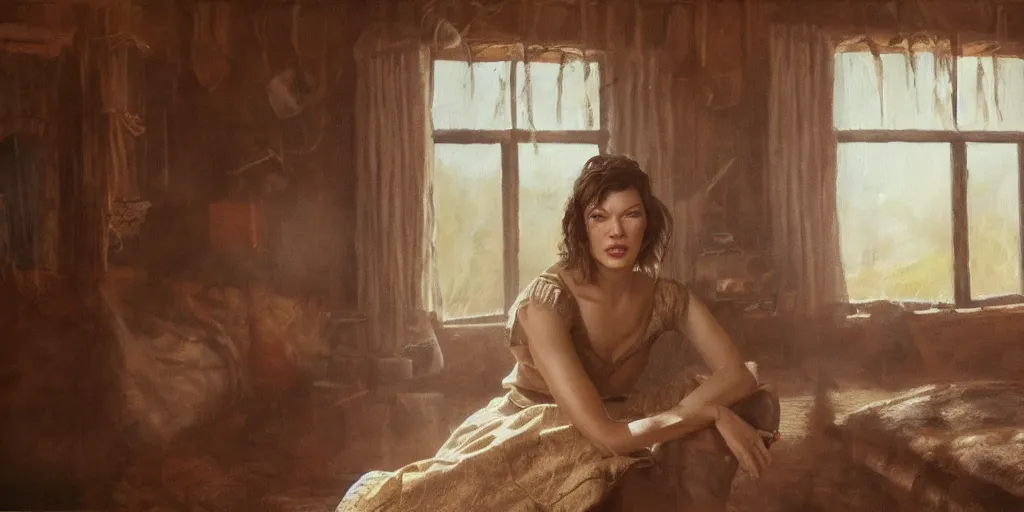 Image similar to oil painting of Mila Jovovich in the old west inside a cabin on the prairie, volumetric lighting, cinematic