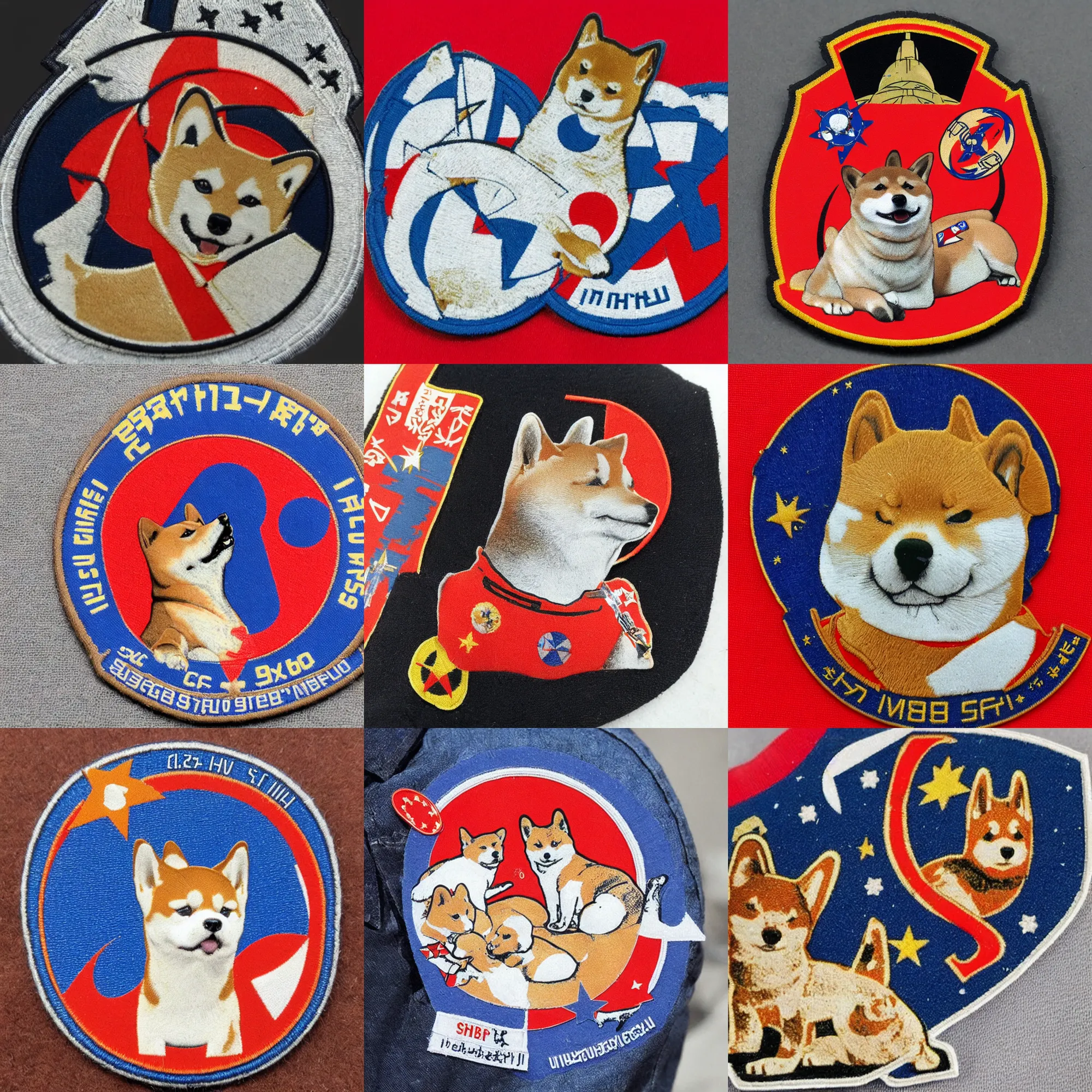 Prompt: Shiba Inu CCCP, 60s soviet space round mission patch