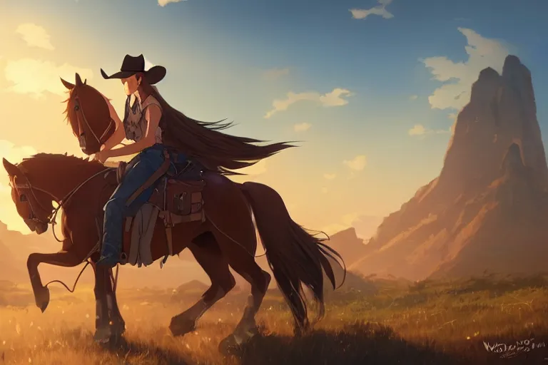 Image similar to western cowgirl, single subject, scenic full shot, ambient lighting, detailed face, by makoto shinkai, stanley artgerm lau, wlop, rossdraws